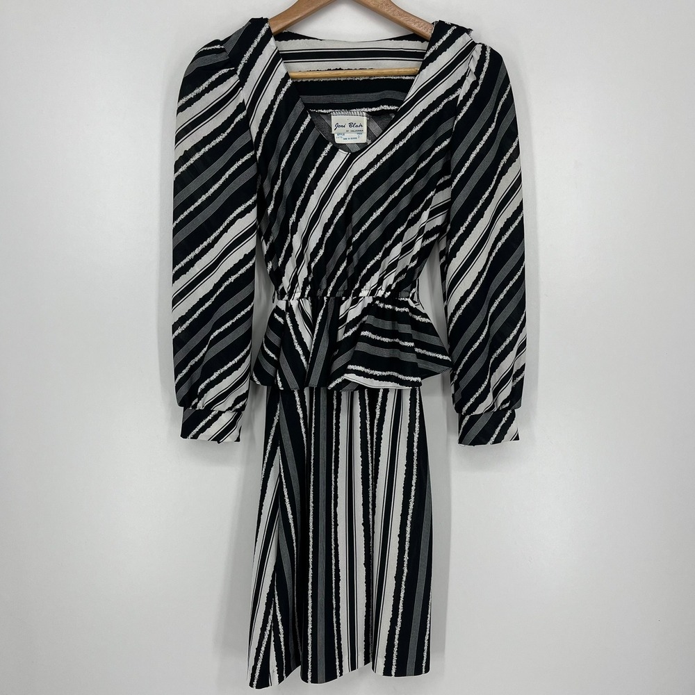 Joni Blair of California Vintage Peplum Dress Black White Striped V-Neck Size 3